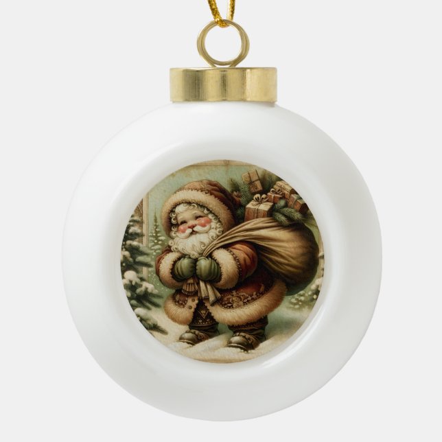 Retro Santa Claus with Gifts Ceramic Ball Christmas Ornament (Front)