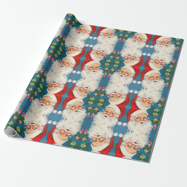 Retro Santa Claus with Ornaments Wrapping Paper (Unrolled)