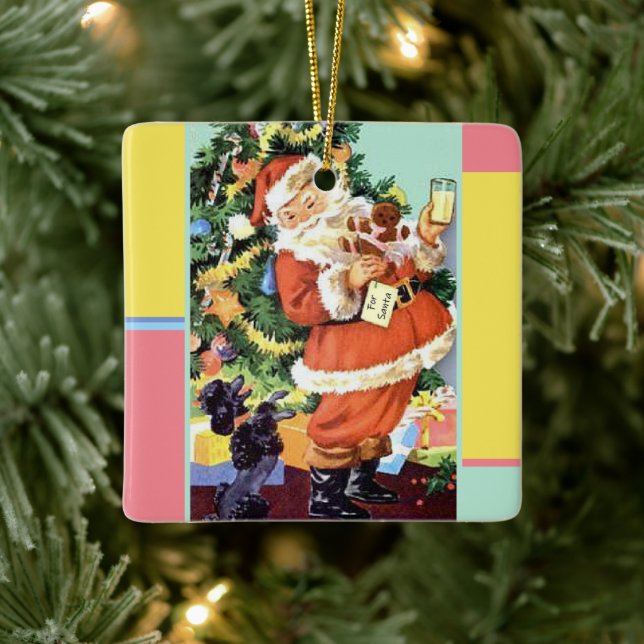Retro Santa, Cookies and Milk, and Dancing Poodle  Ceramic Ornament (Tree)