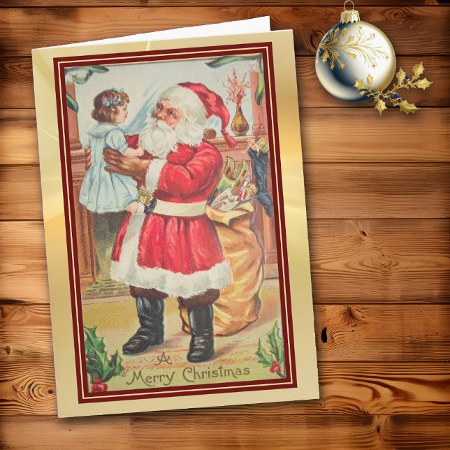 Retro Santa Examines the Doll Red Border Holiday Card (Creator Uploaded)