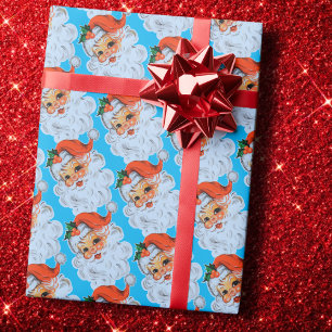 Retro Santa face Christmas Blue Wrapping Paper