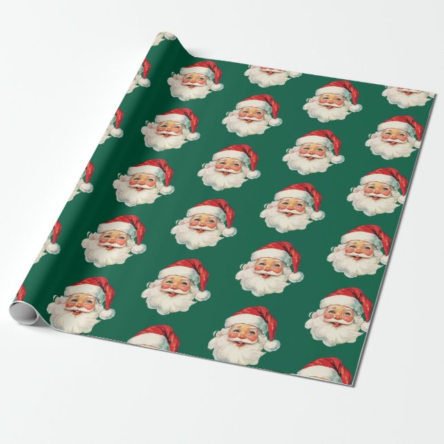 Retro Santa Face Christmas Green Wrapping Paper (Unrolled)