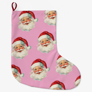 Retro Santa Face Christmas Pink Large Christmas Stocking