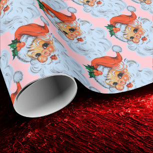 Retro Santa face Christmas Pink Wrapping Paper