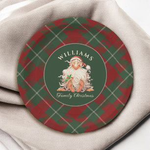 Retro Santa Family Christmas with Family Name Paper Plate