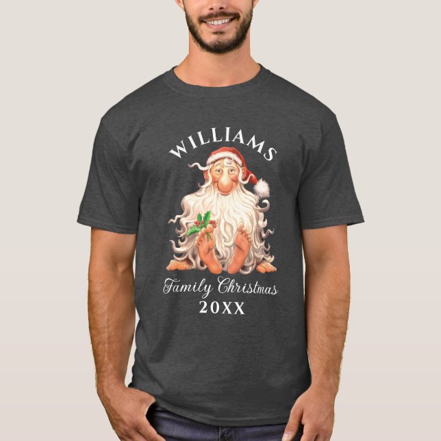 Retro Santa Family Christmas with Name and Year T-Shirt (Front)