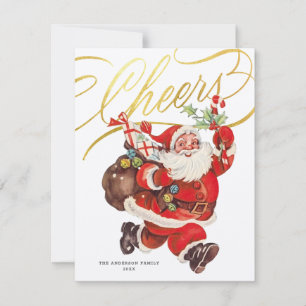 Retro Santa Gold Script Cheers Non-Photo Christmas Holiday Card