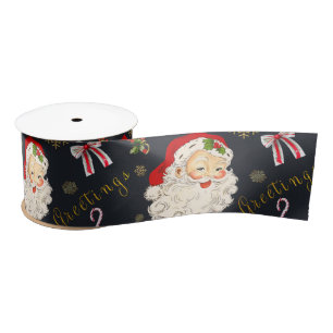 Retro Santa Greeting on Noir  Satin Ribbon
