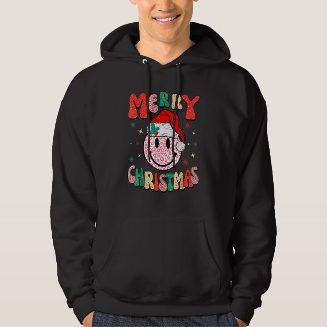 Retro Santa Hat Leopard Smile Face Merry Christmas Hoodie (Front)