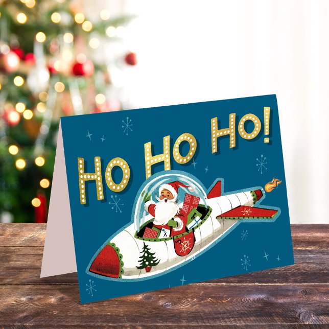 Retro Santa in Rocket Ho Ho Ho Non-Photo Christmas Holiday Card (Creator Uploaded)