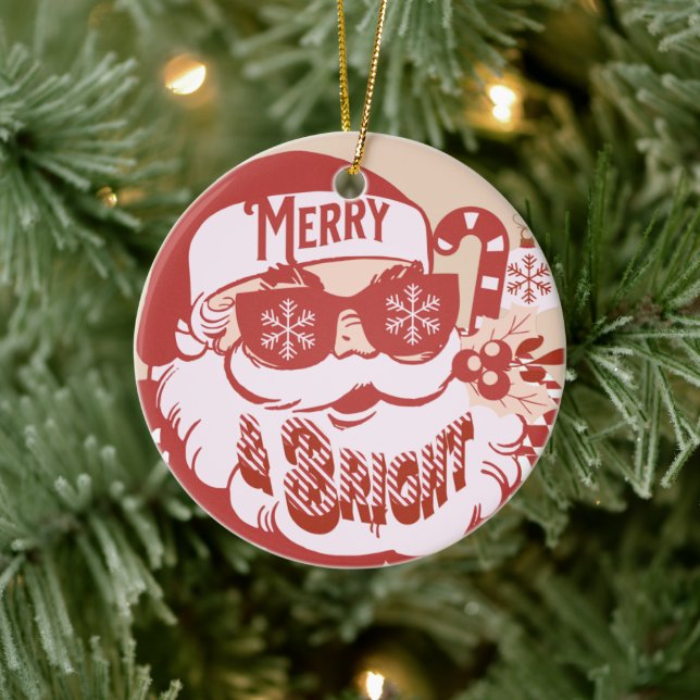 Retro Santa Merry Bright Christmas Pink Red    Ceramic Ornament (Tree)