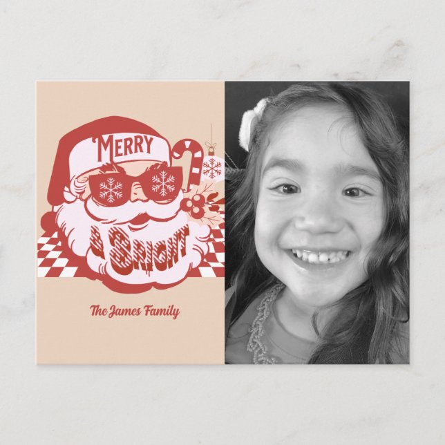 Retro Santa Merry Bright Groovy Christmas Photo Postcard (Front)