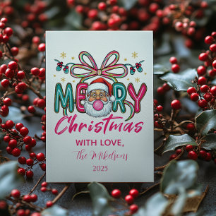 Retro Santa Merry Christmas Coquette Bow Holiday Card
