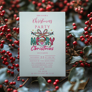 Retro Santa Merry Christmas Coquette Bow Invitation
