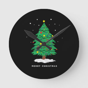 Retro Santa Merry Christmas Tree Lights Round Clock