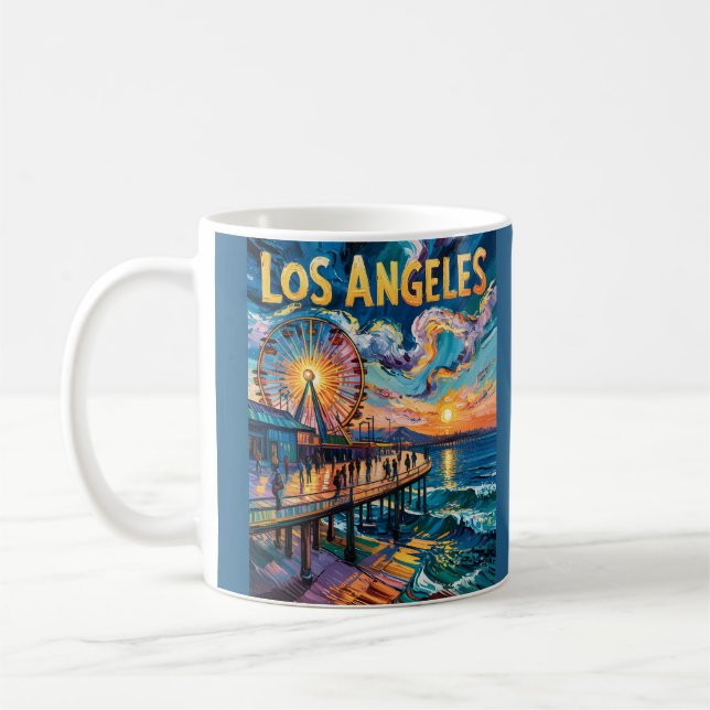 Retro Santa Monica Pier Los Angeles Van Gogh Art Coffee Mug (Left)
