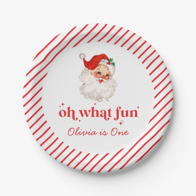 Retro Santa Oh What Fun Birthday Paper Plate (Front)