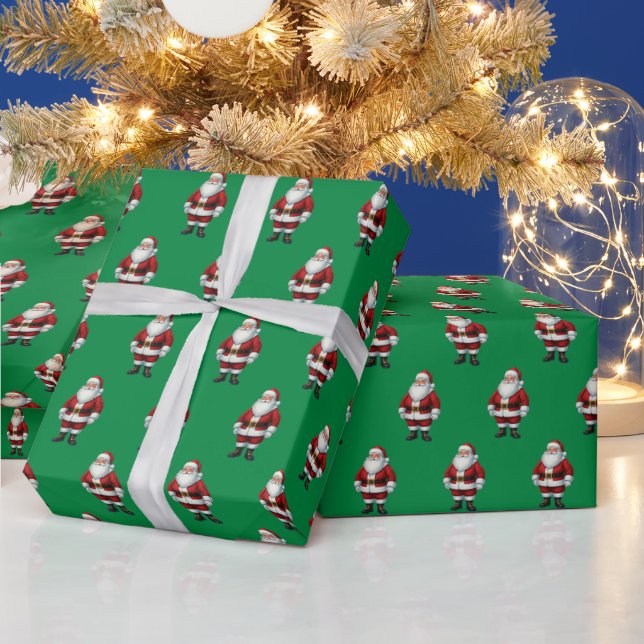 Retro Santa on Forest Green Christmas Pattern Wrapping Paper (Holidays)