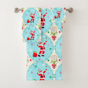 Retro Santa Playing Tennis Ogee Pattern Bath Towel Set