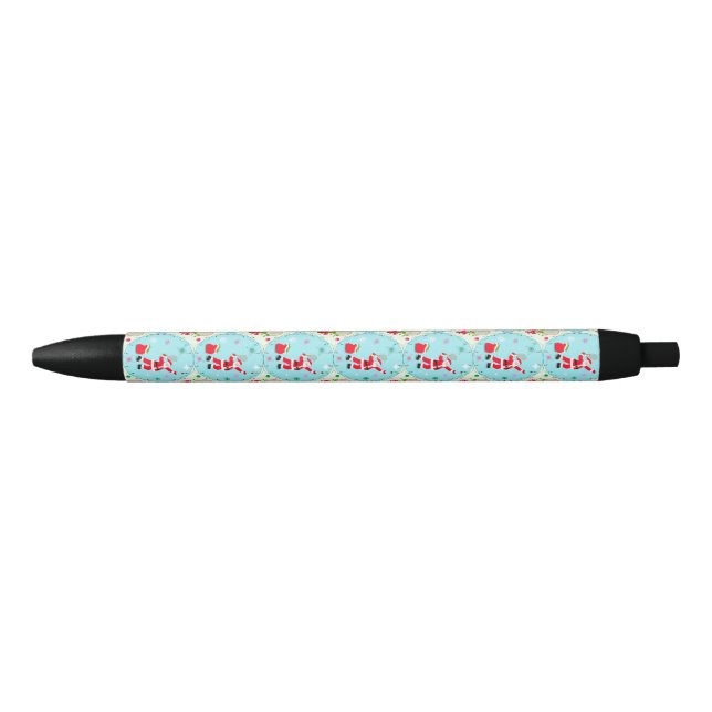 Retro Santa Playing Tennis Ogee Pattern Black Ink Pen (Front)