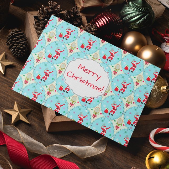 Retro Santa Playing Tennis Ogee Pattern Holiday Ca (A great Christmas card for the tennis player!)