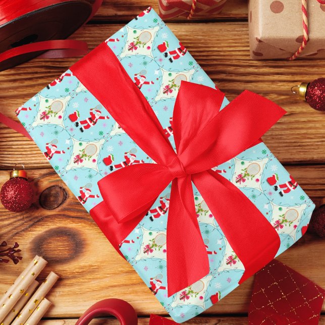Retro Santa Playing Tennis Ogee Pattern Wrapping Paper Sheet (Creator Uploaded)