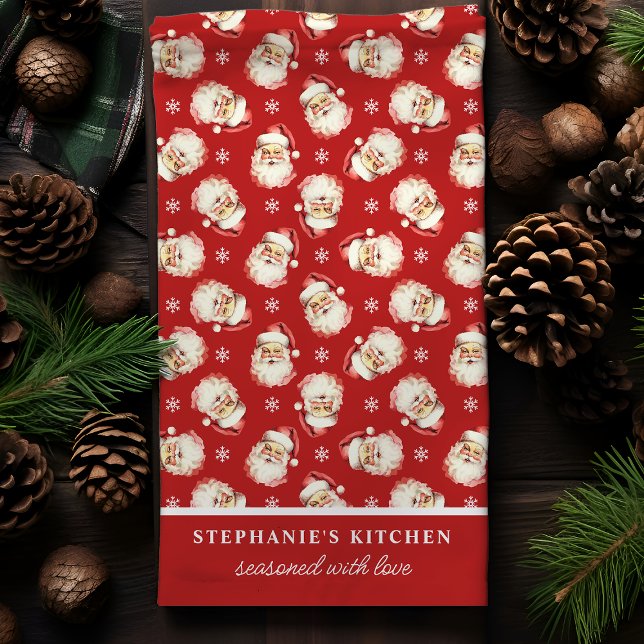 Retro Santa Red Personalised Name Christmas Tea Towel (Creator Uploaded)