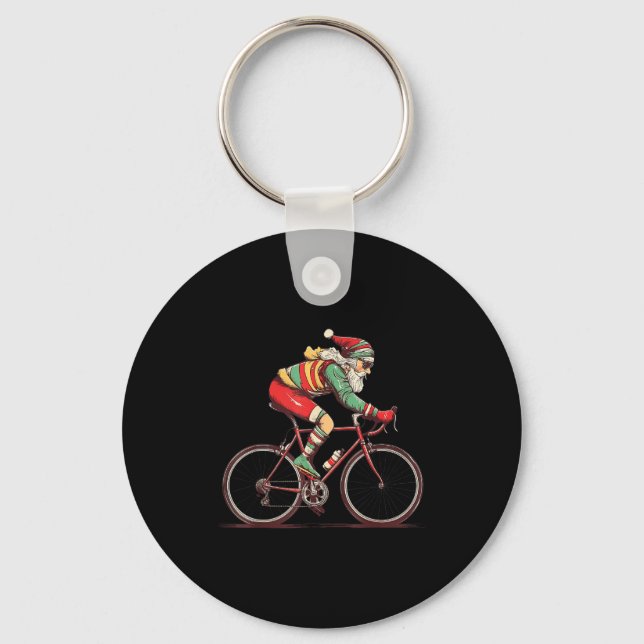 Retro Santa Riding Bicycle Cycling Biking Elf Bike Key Ring (Front)