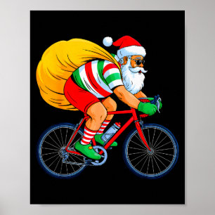 Retro Santa Riding Bicycle Cycling Biking Elf Bike Poster