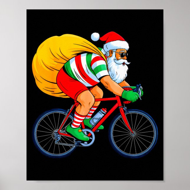 Retro Santa Riding Bicycle Cycling Biking Elf Bike Poster (Front)