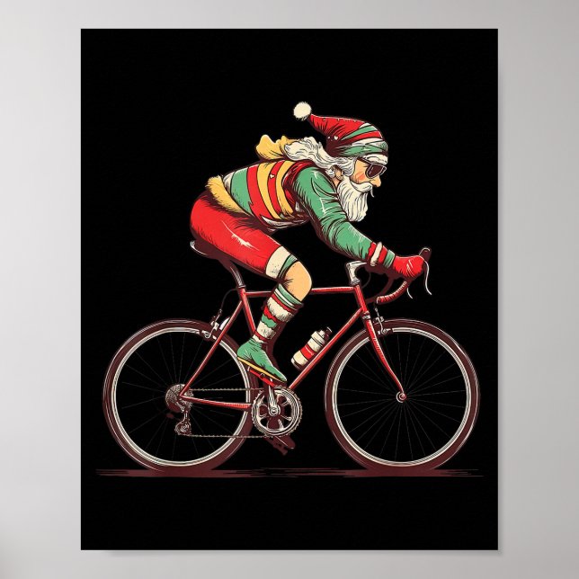 Retro Santa Riding Bicycle Cycling Biking Elf Bike Poster (Front)