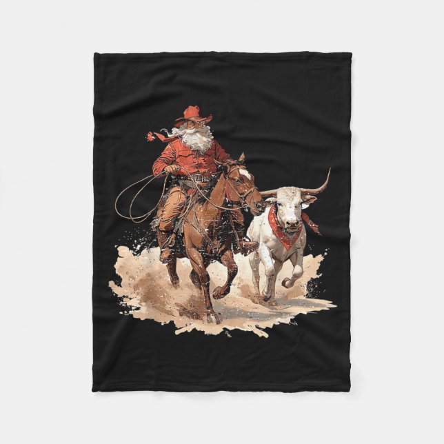 Retro Santa Rodeo Reindeer Cowboy Western Horse Hi Fleece Blanket (Front)