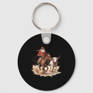 Retro Santa Rodeo Reindeer Cowboy Western Horse Hi Key Ring