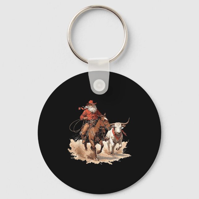 Retro Santa Rodeo Reindeer Cowboy Western Horse Hi Key Ring (Front)