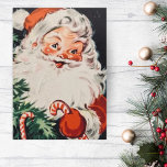 Retro Santa with Candy Canes Custom Christmas Holiday Card<br><div class="desc">This mid-century vintage Christmas card features a jolly Santa Claus holding a candy cane with a glimpse of a Christmas tree decorated with candy canes in the corner. The sentiment inside the cards says "May the good times and treasures of the present become the golden memories of tomorrow. Merry Christmas"...</div>