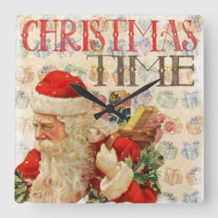 Retro Santa with Presents & Christmas Time Square Wall Clock