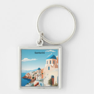 Retro Santorini Greece Mediterranean Blue & White Key Ring
