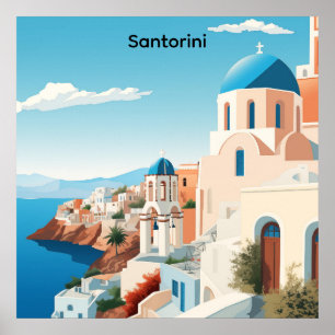 Retro Santorini Greece Mediterranean Blue & White Poster