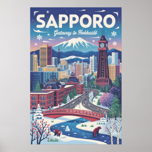 Retro Sapporo Japan Travel Poster Vintage Art