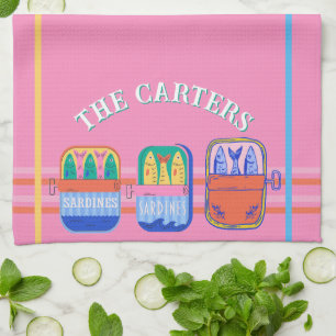 Retro Sardine Can Illustration Pink Kitchen Custom Tea Towel
