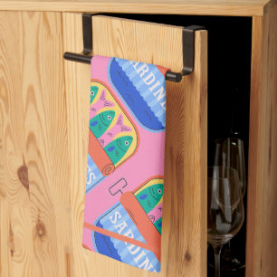 Retro Sardine Can Illustration Pink Kitchen Tea Towel