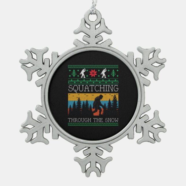 Retro Sasquatch Bigfoot Ugly Christmas Sweater Snowflake Pewter Christmas Ornament (Front)