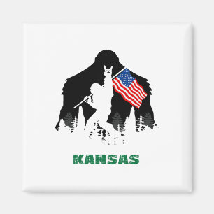 Retro Sasquatch Kansas Usa Flag Bigfoot Hiking Cam Magnet