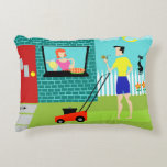 Retro Saturday Morning Accent Pillow<br><div class="desc">Welcome to Suburbia! This Retro Saturday Morning Accent Pillow features an attractive minimalist cartoon couple in their little corner of paradise. From the window of a turquoise and teal brick house, we can see Mrs. Homemaker. The beautiful redhead is wearing a hot pink frock. She is holding a pitcher of...</div>