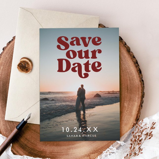 Retro Save our Date Burgundy Photo Card (Creator Uploaded)