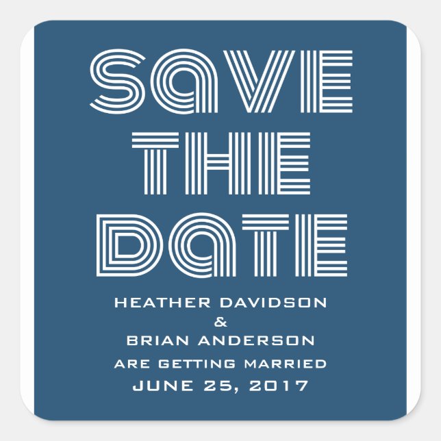 Retro Save the Date Stickers, Blue Square Sticker (Front)