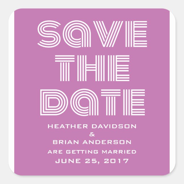 Retro Save the Date Stickers, Fuchsia Square Sticker (Front)