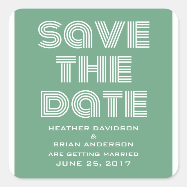 Retro Save the Date Stickers, Green Square Sticker (Front)