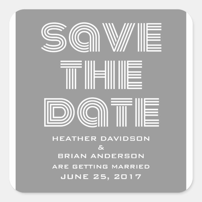 Retro Save the Date Stickers, Grey Square Sticker (Front)