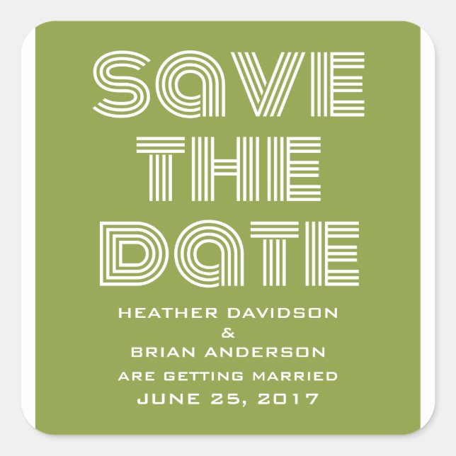 Retro Save the Date Stickers, Olive Green Square Sticker (Front)